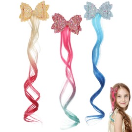 Ipetboom Rainbow Hair Clips: 3 Colors Clip In Hair Extensions for Girls Hair Accessories, Colored Hair Extensions for Kids Curly Ponytails Hair Bows, Glitter Butterfly Hair Clips Wigs 11.8in