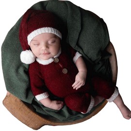 Xanewza 2 Pieces Newborn Photography Prop Romper with Hat Red Xmas Set Baby Photo Outfits Handmade Crochet Knitted Red Christmas Costume for Baby Boy Girl