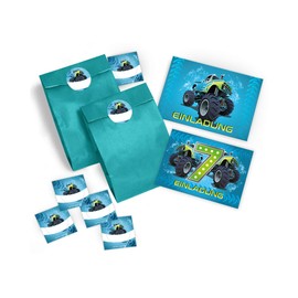 JuNa-Experten Set of 12 Invitation Cards, Envelopes, Bags / Blue, Stickers 7th Children's Birthday Monster Truck Boys Birthday Invitations Birthday Children Card Set Car