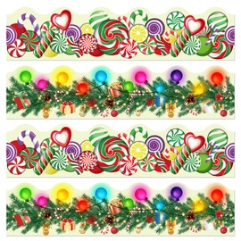 60 Pieces 59 Feet Christmas Bulletin Board Borders Candy Lights Pine Needles Classroom Bulletin Board Sticker Xmas Red Green Scalloped Border Trim for Winter Christmas Holiday School Decoration