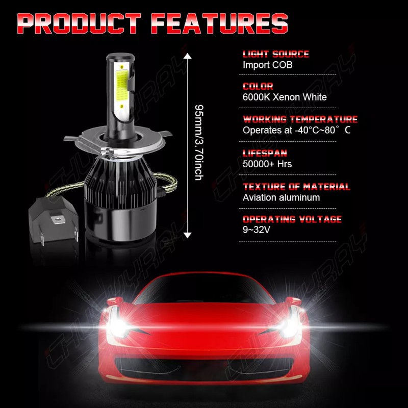 CHUSYYRAY 2x 2-Side 9003 H4 LED Headlight Bulbs Kit High