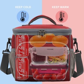 FlowFly Insulated Lunch Bag Adult Lunch Box Large Cooler Tote Bag for Men, Women, with Adjustable Strap,Front Pocket and Dual Large Mesh Side Pockets,Red