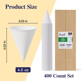 LITOPAK 400 Count 4.5 OZ Paper Cone Cups, White Snow Cone Cups for Water, Ice Cream, Shaved Ice, Candies