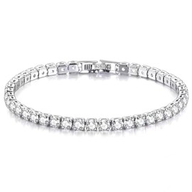 Platinum Plated Tennis Bracelet with 925 Sterling Silver Clasp | Sparkling Square 4mm Cubic Zirconia Crystals | For Women Bridal | Gift Boxed for Birthday Anniversary Valentine Christmas (20cm Length)