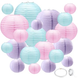 Mermaid Party Paper Lanterns,21Pcs 4"6"8"10"12" Hanging Round Blue Pink Purple Lanterns Party Decorations with Tape and String for Mermaid Theme Girl Wedding Birthday Decor(Blue Pink Purple 21pack)