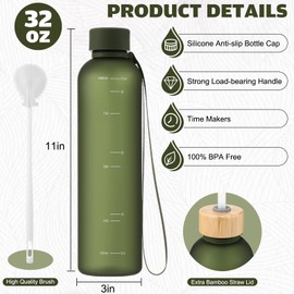 Reallnaive Slim Water Bottle 32oz, 1L Motivational Tracking Reminder Water Bottle-lightweight & Shatterproof and Stainless Steel Lid & Bamboo Straw Lid, for Travel, Sports, School, Gym(Dark Green)