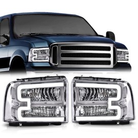 LQI Headlight Assembly LED DRL Compatible with Ford F250 F350 F450 F550 2005-2007 /Fit Ford Excursion 2005 Headlamps Clear lens Chrome Houing Clear Reflector
