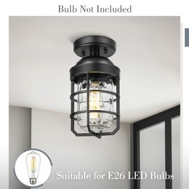 Emliviar Industrial Ceiling Lamp with Water Ripple Glass Shade, 11.1 Inch Classic Semi Flush Mount Light in Black Finish for Kitchen, GE255LF BK-WG