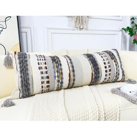 NUYECY Chenille and Cotton Long Pillow for Bed, Striped Textured Boho Lumbar Throw Pillow Cover 14x36, Neutral Accent Decorative Extra Long Body Pillow Case for Couch, Sofa, Bedroom, Brown-Grey