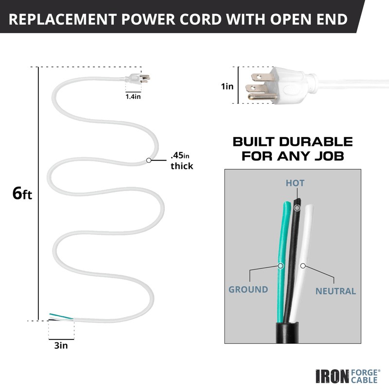 Iron Forge Cable 12 Gauge Power Cord Replacement - 6ft,15