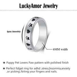 LuckyAmor Spinner Ring for Women - 6mm Puppy Paw Print - Stainless Steel Fidget Ring for Anxiety Relief & Stress Management - Size 6-10