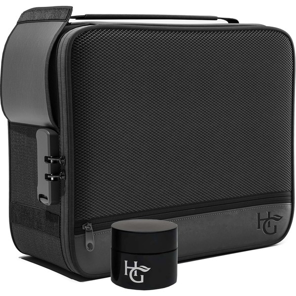 Herb Guard Large Smell Proof Bag & Case with Combination Lock (Holds Up to 3 Ounces) - Includes YKK Zippers, 50ml Smell Proof Container and Jar, Built in Tray & Travel Bags (Black)