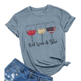 Patriotic Shirts for Women Red White and Blue Shirts American Flag Shirt 4th of July Tops Funny Wine Glass Graphic Tees