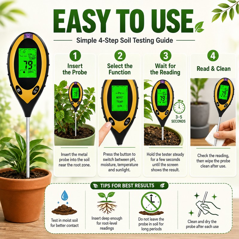 4-in-1 Soil Moisture Meter for Plants, Digital Soil pH Tester