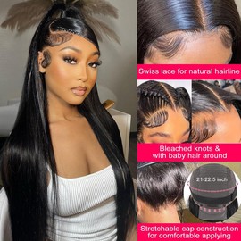 13X6 Lace Front Wigs Human Hair Straight Human Hair Wig HD Lace Frontal Glueless Wigs Human Hair Pre Plucked Bleached Knots with Baby Hair Natural Black 22 Inch