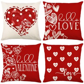 Valentines Day Pillow Covers 16 x 16 Inch Set of 4 BigRed Polka Dot Heart Small Hearts Pattern Valentine Throw Pillows Decorative Cushion Cases Valentines Decorations