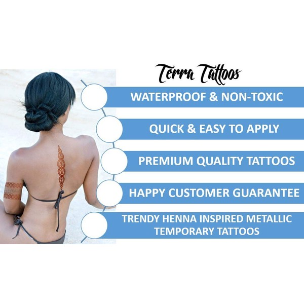 Terra Tattoos Temporary Henna Metallic Tattoos - Over 75 Mandala Tattoos (Rose Gold)