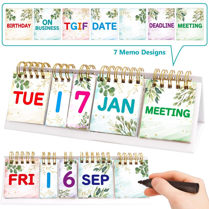 Perpetual Calendar Flip Desktop Boho Calendar with Day Date Month