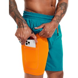 Atforna Men's Long 2-in-1 Swimming Shorts with Compression Quick-Drying Breathable Swim Shorts with Zip Pocket Adjustable Drawstring, peacock blue