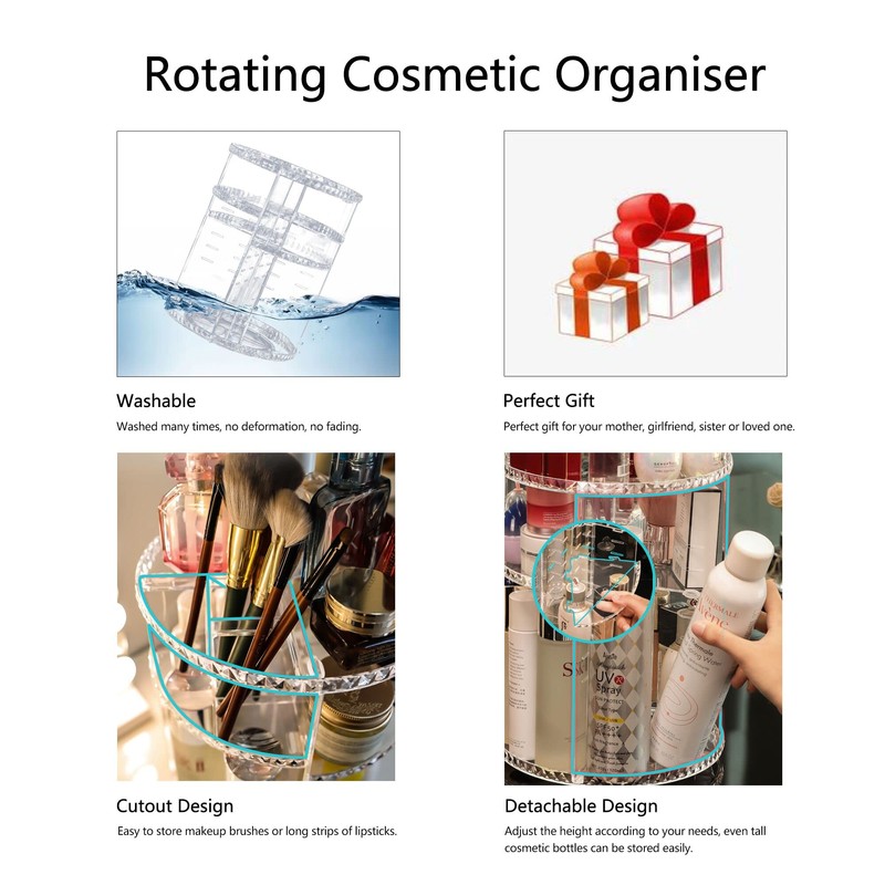 LucyStudio Clear Makeup Organizer 360° Rotating Adjustable Cosmetic Display Stand