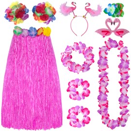 8 Pcs Hawaiian Grass Skirt Flowers Costume for Women, Summer Luau Party Outfits Grass with Bikini Sunglasses Garland Bracelet