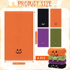 Whaline 4Pcs Halloween Hand Towels Spooky Pumpkin Face Monster Embroidered Cotton Bathroom Towel Absorbent Bath Towel for Hand Drying Cleaning Cooking, 29.5 x 13.7 Inch