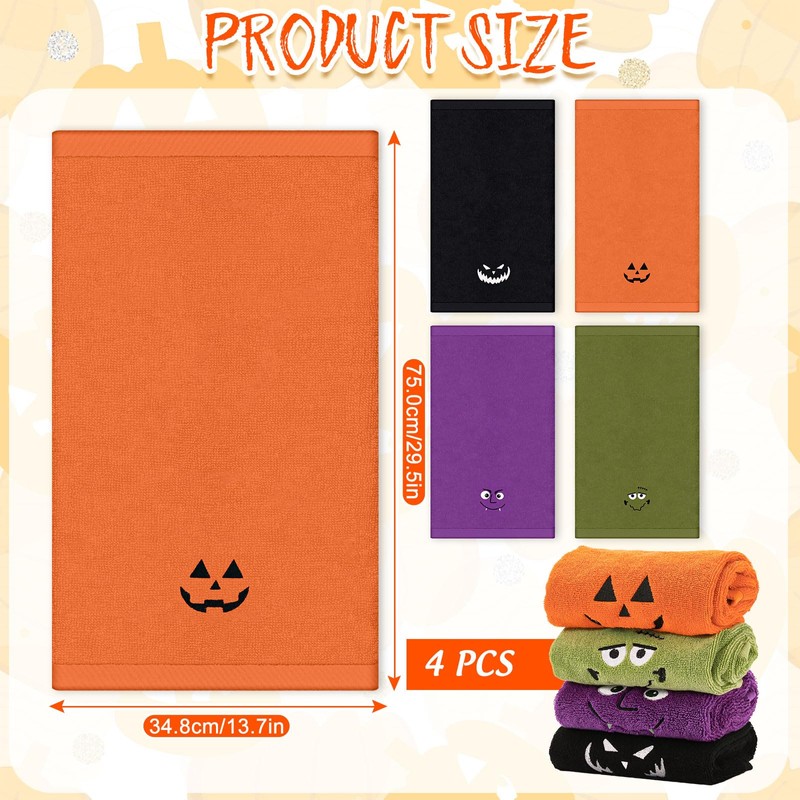 Whaline 4Pcs Halloween Hand Towels Spooky Pumpkin Face Monster Embroidered