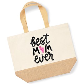 Lovely Mothers Day Shopper Bag - Best Mum Ever Heart - Jute Canvas X-Large Tote Bag - Mothers Day Mum Mom Mummy XL natural