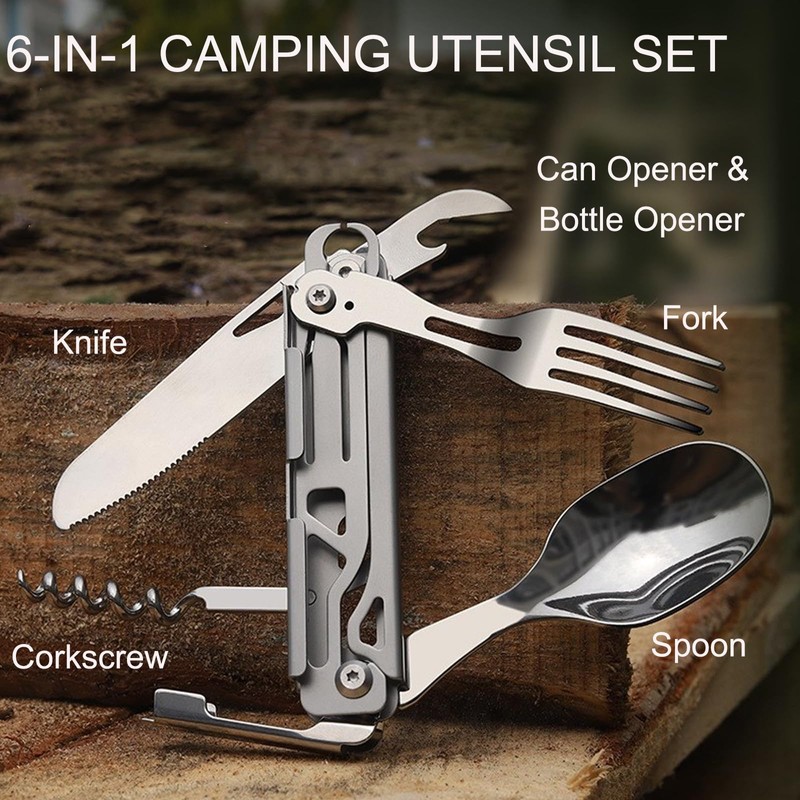 6-in-1 Detachable Camping Utensil, Stainless Steel Cutlery Folding Spoon, Fork,