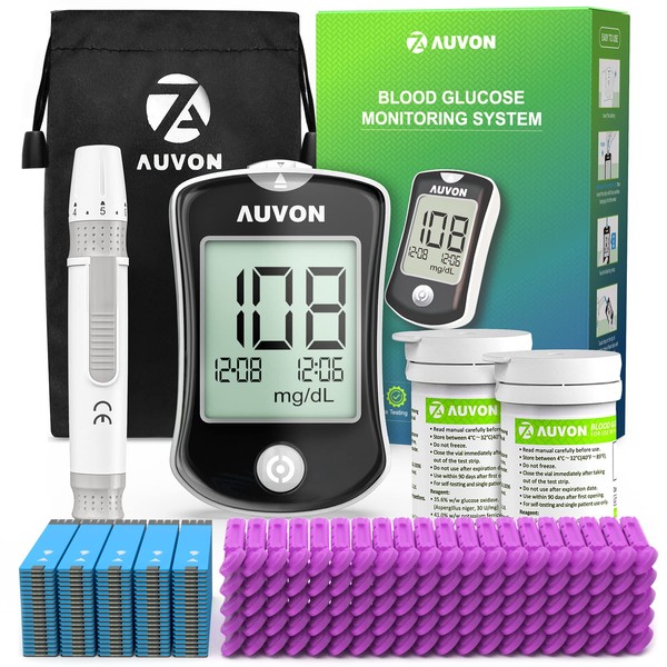 AUVON Blood Glucose Monitor Kit for Accurate Test, Diabetes Testing Kit with 100 Glucometer Strips, 100 30G Lancets and Lancing Devices, I-QARE DS-W Portable Blood Sugar Test Kit, No Coding Required