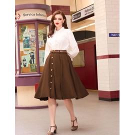 Womens Brown Midi Skirts Below Knee Length A-Line Long Skirt High Waist for Women Brown L