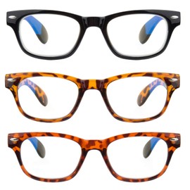 EYE ZOOM 3 Pack Blue Light Blocking Horn Rimmed Reading Glasses for Man and Women, Amber,Black and Tortoise, +1.25