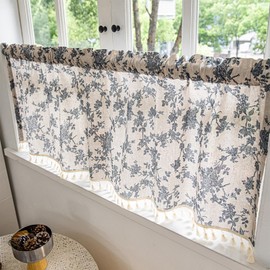 NSXIN Net Curtain, Semi-Transparent Bistro Curtain, Flowers, Kitchen Curtains, Country House Style Curtains, Tassel Curtains, Short for Small Windows, Kitchen, Living Room (Orchid Pole, 150 cm x 46 cm