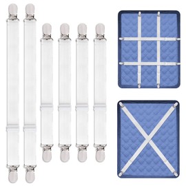 Pack of 6 Bed Sheet Straps Adjustable (2 Long + 4 Short), Elastic Fitted Sheet Holder, Flat Sheet Tensioner, White Linen Tensioner with Metal Clips, Tie Down Straps for Bed Sheets, Braces for Bed Sheets