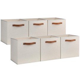 Large Storage Cubes, 6 Pack Collapsible Cube Storage Bins With Handles for Organizing, Beige Fabric Closet Organizers Box for Playroom, Office, Dorm Home Organization and Storage Beige 11"x 11"