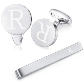 HONEY BEAR Cufflinks & Tie Pin Set Initials Letter Men's Stainless Steel Wedding Cufflinks Cufflink Silver, A-Z, Reusable, copper, No Gemstone