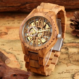 Tiong Fashion Men's Wooden Mechanical Skeleton Watches, No Battery Wooden Strap Watch for Men, Roman Large Numeral Dial Wooden Mechanical Watches