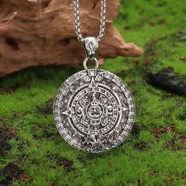 Luck Trader Ancient Aztec Calendar Pendant Necklace, Large Silver-tone Medallion, Traditional Mayan Design