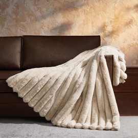 WDCOZY Faux Fur Throw Blanket Striped Super Soft Cozy Fluffy Luxurious Blankets Couch Bed Sofa Chair Home Decor Warm Furry Fall Winter Plush Lightweight Rabbit Fur Bubble Blanket 50" x 60", Beige