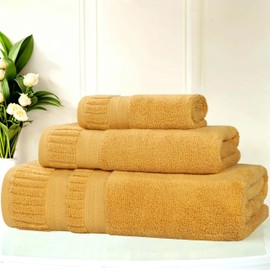 Superior Venice Zero Twist Cotton Medium Weight Towels, for Guest Bath, Bathroom, Shower, Spa, Plush Towels, Bath Essentials, Ribbed Textured Border, 3 Piece Assorted Towel Set, Gold
