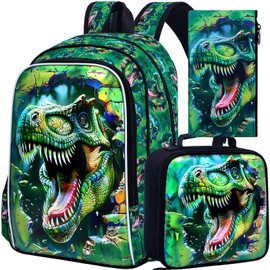FTJCF Dinosaur Backpack, 16" Boys Kids Bookbag with Lunch Box, 3Pcs Dino School Backpacks for Elementary Preschool Kindergarten (Green)
