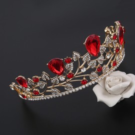 Frcolor Red Crystal Crown,Baroque Ruby Belle Crown Bridal Wedding Rhinestone Tiara Hair Accessories for Women Girls