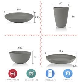 Wrova Wheat straw plates and bowls sets of 16 - Unbreakable wheat straw dinnerware sets for party - Alternative plastic dinnerware set for camping,party and R.V. Grey