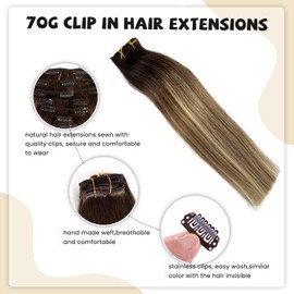 Real Hair Extensions Clip in Human Hair 20inc Brazilian Remy Human Hair Bayalage Omber Walnut Brown to Ash Brown with Bleach Blonde Highlight Long Silky Straight Clip in Hair Extensions 70g 7pcs