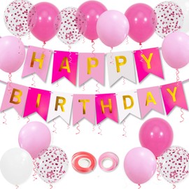 Pink Birthday Decorations, Happy Birthday Banner, 16 pcs 12 inch Balloons with 2 Ribbons for Girl and Women Party Decoration