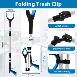 Adiwo Foldable Litter Picker Grabber, 91cm/36" Long Handle Litter Pickers Grabber Stick for Tall Users, 360 Degree Rotating Reach Aid, Helping Hand for Adults, Disabled, and Elderly, Blue