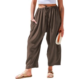 TARSE Womens Linen Pants Casual Wide Leg Loose Drawstring Low Waist Beach Palazzo Harem Pants with Pockets(Coffee,M)