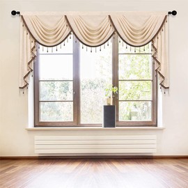 ELKCA Thick Chenille Window Curtains Valance for Living Room, Beige Valance with Beads for Bedroom,Rod Pocket (W98inch,1 Panel)