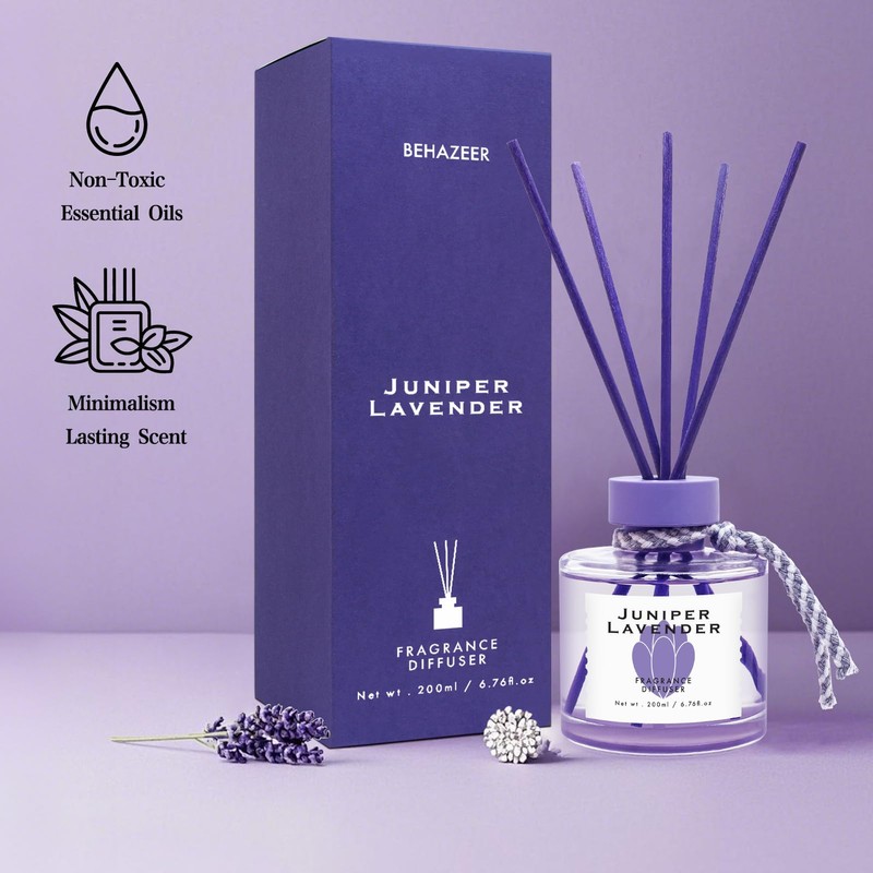 BEHAZEER Juniper Lavender Reed Diffuser, 6.77OZ/200ML Large Capacity Natural Non-Toxic