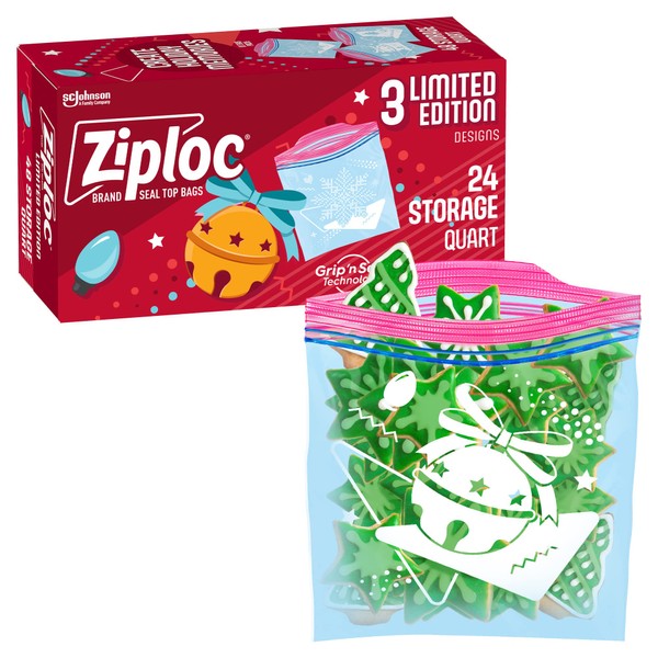 Ziploc Quart Food Storage Bags, Grip 'n Seal Technology for Easier Grip, Open, and Close, 24 Count, Holiday Designs, Packaging May Vary